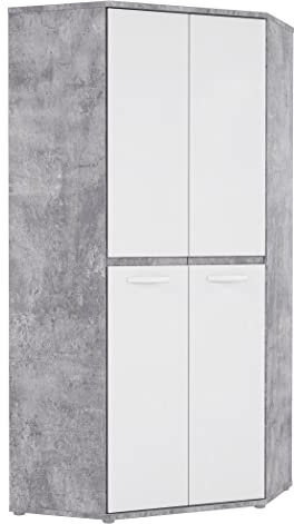 expendio Eck-Kleiderschrank Coburg 6 Betonoptik Hochglanz weiß 92x202x92 cm Schlafzimmerschrank Schrank Jugendzimmer Kinderzimmer