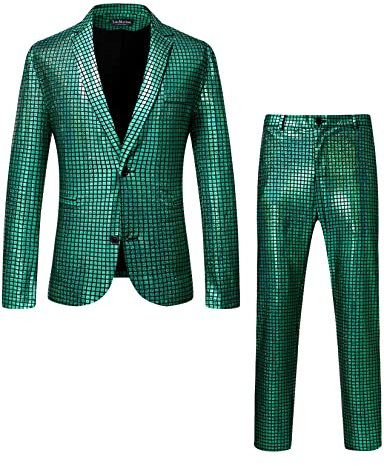 LucMatton Herren 2-teiliges Disco-Set, glänzende Jacke und Hose, metallische Pailletten, grün, L