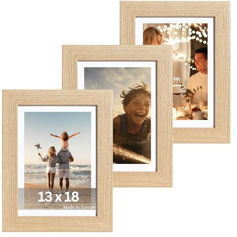 VictoR Bilderrahmen Passepartout Richter beige 3er Set in 13x18 cm mit 10x15cm Passepartout - Fotorahmen Holz - Leiste: 25x20mm - Bilderrahmen Set beige 13x18