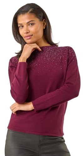Roman Originals Diamante Sequin Jumper for Women UK Ladies Sparkly Glitter Sweater Embellished Smart Casual Autumn Winter High Neck Knitwear Knitted Pullover - Bordeaux - Size 16