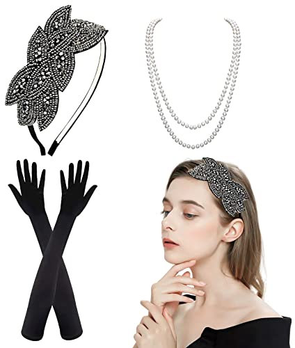 MIVAIUN 3 Stück 1920s Flapper Set Flapper Stirnband, Vintage Kristall Stirnband, 1920er Stirnband Damen Haarreif Gatsby Kostüm Accessoires, 20er Jahre Flapper Haarband Schwarz, Handschuhe