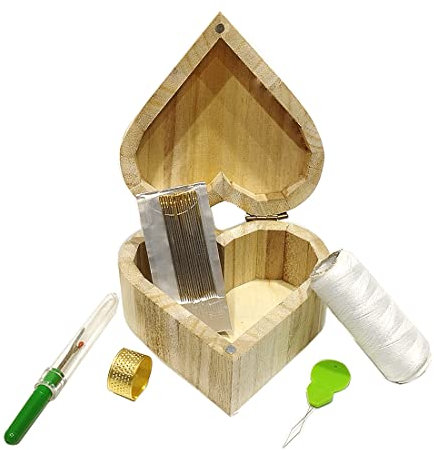 Nähkästchen aus Holz, Nähbox aus Holz mit Fäden, Nadeln, Metro und mehr, Geschenk für Mütter, Schwestern, Freunde und Freunde, Bastelarbeiten (kleines Herz)