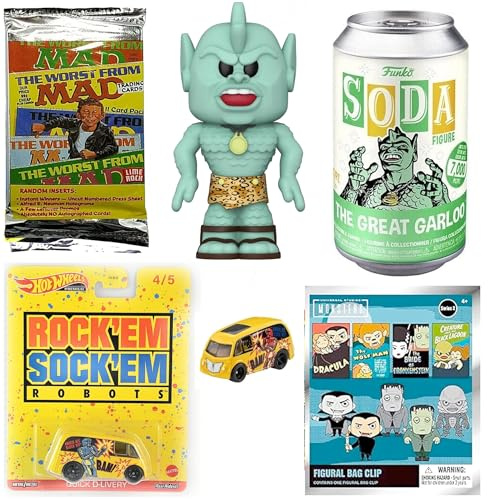 Claws Retro Monster Terror Pop Great Garloo Toy Figure + Universal 3D Bag Hanger + Mad Magazine Wacky Trading Cards + Throwback Robot Rock Em' Sock Minis