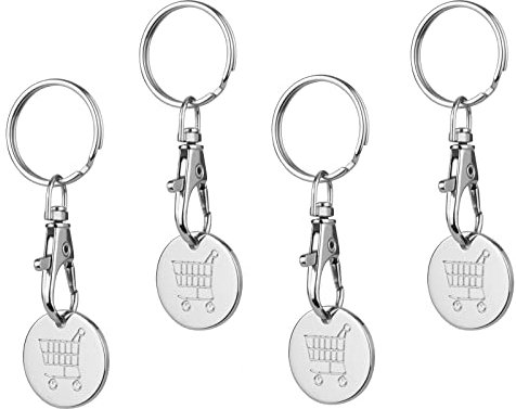 Sheryl&Rain 4 Pièces Jeton Caddie, Universel Puce pour Caddie en Acier Inoxydable Clés, Porte-clés pour Chariot de Courses en Métal Jeton pour Supermarché