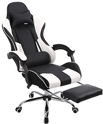 Panana Gaming Racing Desk Chair Adjustable Hight Swivel Chair with Lumbar and Head Pillow (White)