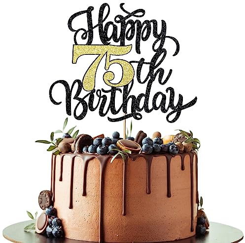 Leetaivie Happy 75th Birthday Cake Topper, Black Gold Glitter, 1 Count, 5.2 x 6.5, 75th Birthday/Anniversary