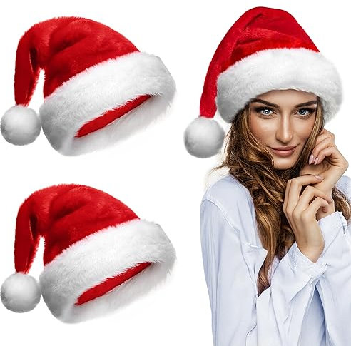 Acxilexy 2 Stück Weihnachtsmützen für Erwachsene, Unisex Bequemer Samt Weihnachtsmützen mit Bommel, Plüsche Nikolausmütze, Rote Santa Mütze für Weihnachts und Neujahrskostüm Partydekoration