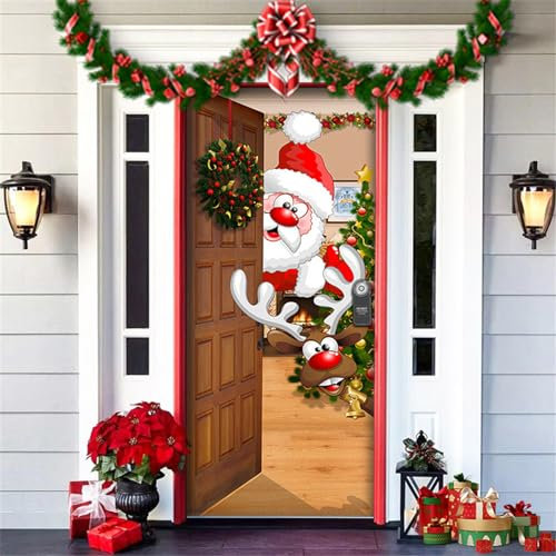 Chickwin Decorazione Copriporta di Natale, Copertura della Porta Copri Porta del Babbo Natale Appendere Banner Natale Sfondo Fotografico Festa di Natale, 90x200cm (Renna)