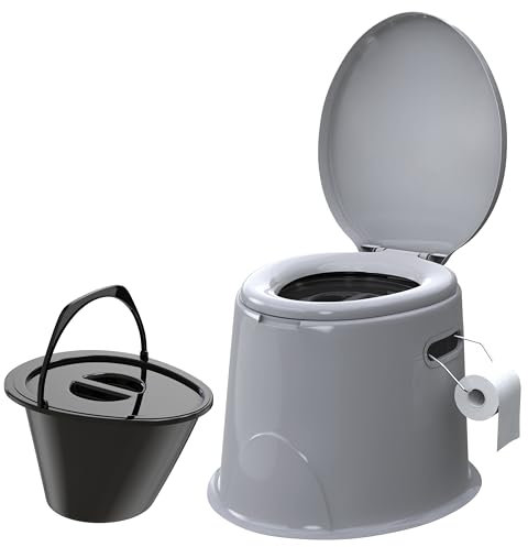 Large 5L Compact Portable Toilet Potty Loo with Seat Washable Basket and Toilet Roll Holder Lightweight Camping Loo, Camping WC for Pool Party Camping Caravan Picnic & Festivals Outdoor Grey