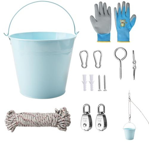 DAKLUNAR Flaschenzug Kinder, Gardening Tool Set, Riemenscheibe mit Eimerkabel,Zubehör fürs Baumhaus Spielturm,Kinder-Riemenscheibensystem Spielturm Zubehör,Spielzeug für Kinder ab 3 Jahren