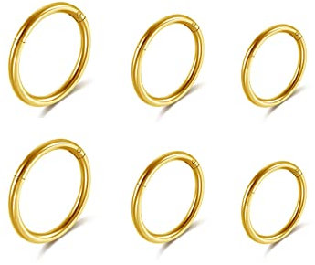 JSDDE 6er Chirurgenstahl Nasenring Gold, 8-12mm 16ga Nasenpiercing, Segmentring Clicker, Conch Piercing Ring, Bauchnabelpiercing Ring, Gold Piercing für Nase Septum Ohr Tragus Helix
