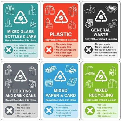 Recycling-Schilder, komplettes Set, 6 Stück, unverzichtbar für Recycling-Mülleimer, selbstklebende Aufkleber (150 mm x 100 mm), Sichtabstand innerhalb von 3 m.