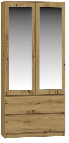 WHATSIZE ENTERPRISE - Modern Double Wardrobe with Drawers - 2 Door Cupboard Contemporary Bedroom Furniture with Mirrors - Artisan