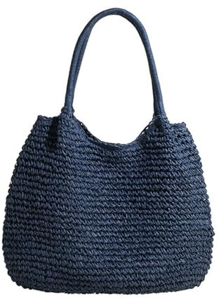Lebartm Umhängetasche Stroh Damen Korbtaschen Grosse Kapazität Tasche Handtasche handgemachte Schultertasche Böhmische Strandtasche Sommer Reisen Strand-Blau