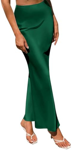 Women Satin Silk Skirt A Line Elastic High Waist Ruffle Long Maxi Skirt Solid Color Mermaid Skirt Formal Evening Party Skirts Green L