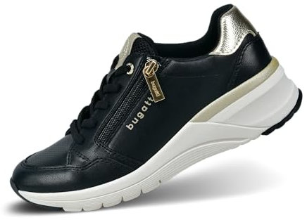 bugatti Damen Schwarze Sneaker mit Reißverschluss-Accessoire, Silbernen Akzenten, Logo-Detail, Austauschbaren Innensohlen schwarz/Gold 39 EU
