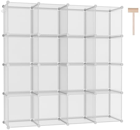 C&AHOME Würfel-Aufbewahrungs-Organizer, 16 Würfelregale, Schrankschrank | modulares Bücherregal aus Kunststoff, ideal für Schlafzimmer, Wohnzimmer, 122,9 cm L x 31,5 cm B x 122,9 cm H, transparenter