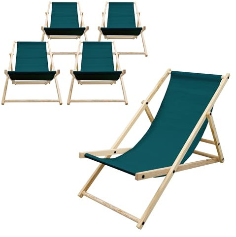ECD Germany 5X Sillas de Playa de Madera de Pino 3 Posiciones de Reclinación Plegable Tumbona Verde Oscuro Tradicional de Sol para Jardín Impermeable hasta 120kg Tejido Oxford Hamaca Terraza Piscina