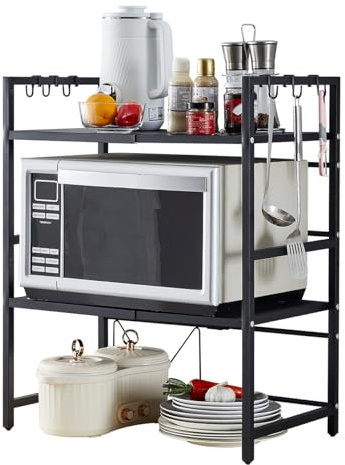 Redd Royal Kitchen Countertop Microwave Shelf Stand 3 Tiers Expandable Spices Rack, Metal Printer Stand Storage Sheving Unit Freestanding Home Office (Black, 3 Tiers Expandable)