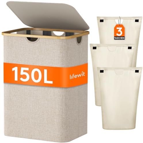 Lifewit 150L Cesto Ropa Sucia con Tapa, Grande Cesta para la Ropa Sucia con 3 Compartimientos y 3 Bolsas, Cubo Ropa Sucia para Dormitorio, Baño y Lavadero, Beige