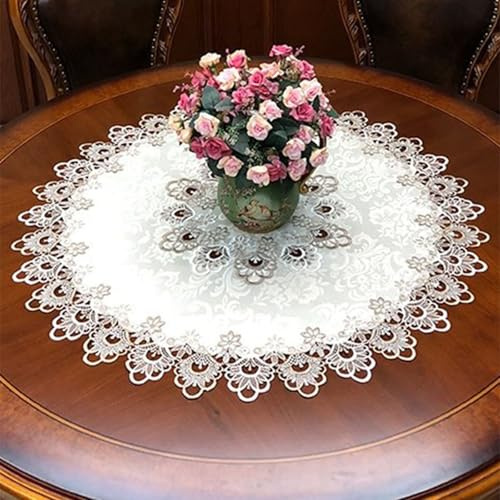 WAZUBC Runde Spitzen Tischdecke, Vintage Blumenstickerei Bestickte Spitze Blumen Tischset Tischdecke für Esstisch, Couchtisch, Büchertisch, Aufbewahrungstisch (85cm)