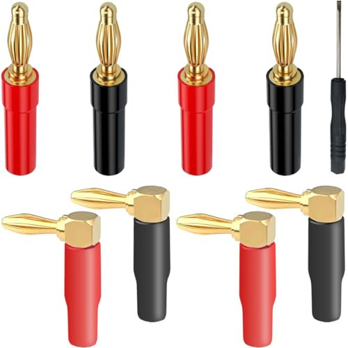 DAOKAI 4mm Banana Plugs,Speaker Connectors 24K Gold Plated -Open Screw Type +90 Degree Speaker Connector No Soldering,for Speaker Wire, Sockets, Amplifier(8Pcs/4pair)