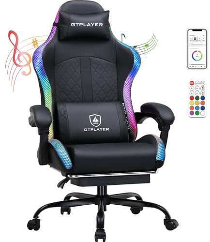 GTPLAYER Sedia da gioco, sedia da ufficio, sedia da gioco con altoparlante e LED, sedia da gamer, schienale con tasca portaoggetti, sedia per PC ergonomica con telecomando