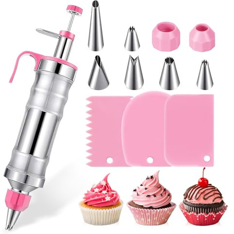 Qudubuy Set di 12 siringhe per decorare torte e dessert, in acciaio inox, con 6 ugelli e 3 raschietti per torte fai da te, torte, decorazioni per biscotti e panetteria (rosa)