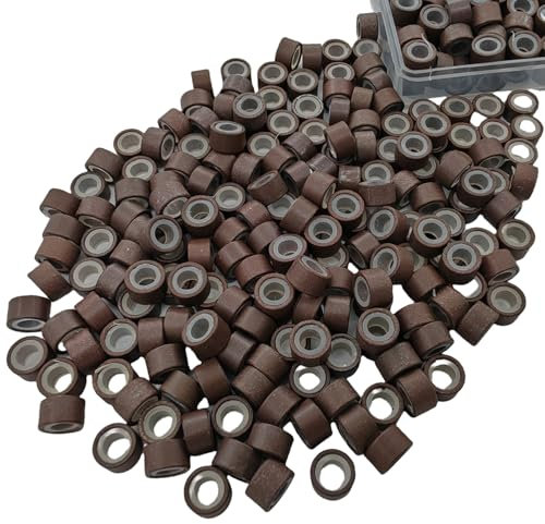Aouuhe 500 Pcs Micro Link Rings Beads for Hair Extensions 5mm Silicone Lined Beads Microlinks Hair Extensions Tool (Brown, 5.0mm)