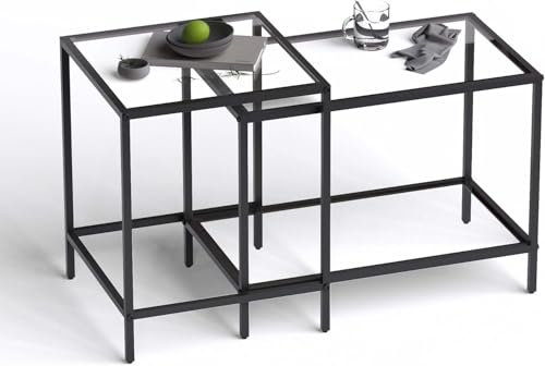 Huhote Lot de 2 tables gigognes avec cadre en métal pour salon, chambre, balcon, bureau, appartement, diamètre 60/40 cm (cadre noir, plateau en verre)