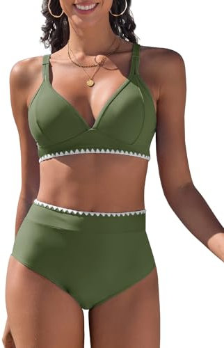 UMIPUBO Maillot De Bain Femme 2 Pieces Bikini Set Col en U Grande Taille Haute Push Up Contrôle du Ventre Sexy D'Été Plage Classique Slim Deux Pièces Ensemble Swimwear(Vert,M)