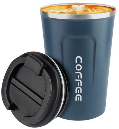 Insulated Travel Coffee Mug,Reusable Coffee Cups with Leakproof Lid,Stainless Steel Portable Coffee Tumbler,Spill Proof Thermos Cup for Keep Hot or Ice Coffee Milk Tea and Beer (Navy Blue, 380ml)