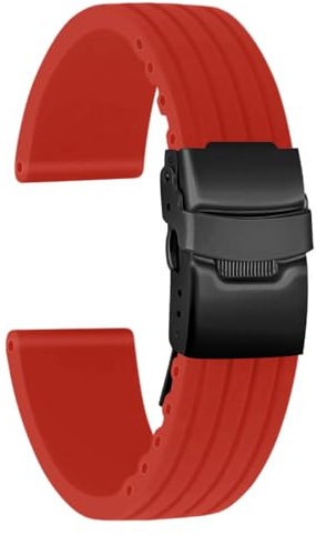 ULLCHRO Unisex Kautschuk Armband mit Edelstahl Schwarz Faltschließe 24mm Rot (Schwarze Schnalle)