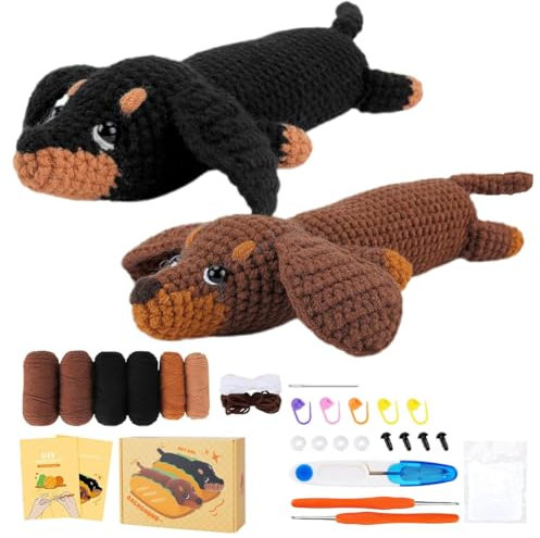 CEWROM Häkelset für Anfänger, komplettes Tierhäkeln mit Schritt-für-Schritt-Video-Tutorials, DIY Handwerkskunst mit Häkelnadeln, Dackel DIY Häkel Set, Häkelsets für Kinder Erwachsene