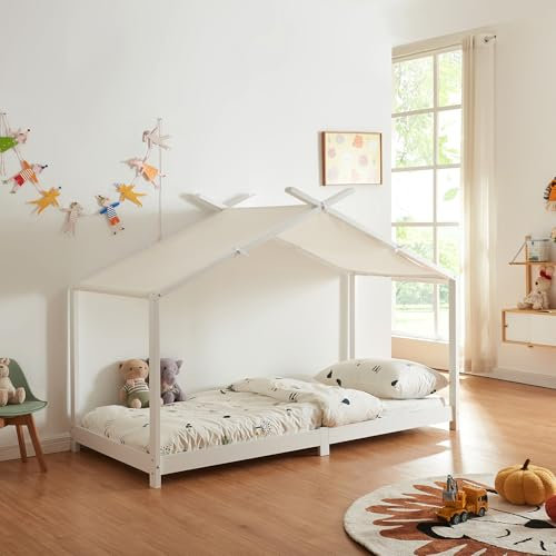 [en.casa] Lit Enfant Forme Maison Lit Cabane pour Chambre d'enfant avec Sommier à Lattes et Toit Amovible Bois de Pin Polyester Coton Contreplaqué 90 x 200 cm Blanc