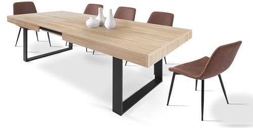 CASABEL - Table à Manger Extensible avec Rallonge - Grande Capacité - Style Industriel - Plateau de 160 à 200 cm - 6 à 8 Personnes - Pieds en métal - Salle à Manger, Cuisine - Bois Clair et Noir