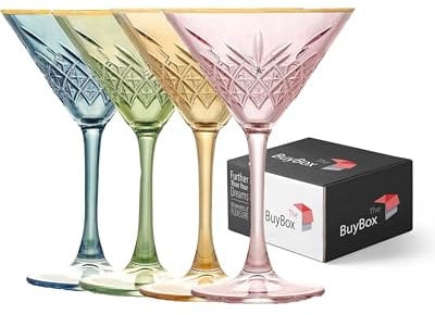 Lot de 4 Verres à Martini Vintage Colorés et à Bord Doré (7,7oz/230ml). Verres à Cocktail, Expresso Martini, Margarita, et Prosecco, Coupe Champagne à Longue Pied