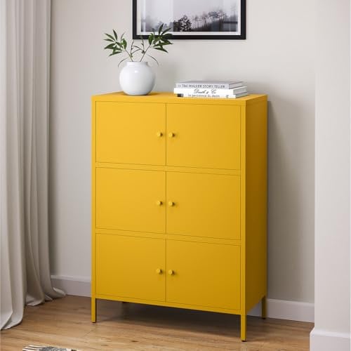 skølm Metallkommode Atriona, Wohnzimmerschrank mit 3 Fächern senfgelb, Sideboard, Mehrzweckschrank Stahl 3x2, 113x80x38 cm