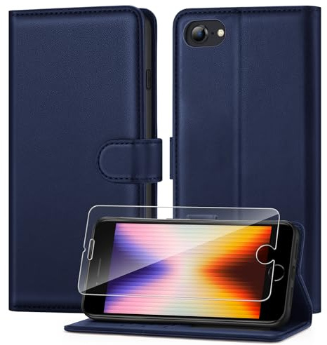 ivencase Compatible with iPhone SE 2022/2020, iPhone 7/8 Phone Case with 1 Screen Protector, [RFID Blocking] PU Leather Flip Wallet Case with Card Slots Stand Magnetic Cover 4.7 Inch - Blue