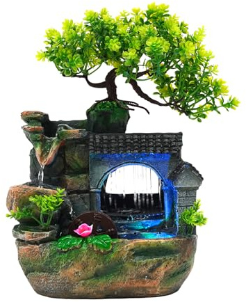 Tabletop Waterfall Fountain – 11 in Rockery Humidifier with Color-Changing LED Light, Adjustable Pump & Faux Bonsai Tree, Resin Indoor Desk Fountain Décor for Bedroom, Office, Aquarium, Meditation