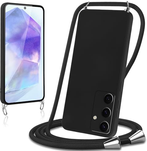 Knrlqim Coque avec Cordon pour Samsung Galaxy A55 5G Collier Lanière Silicone Liquide Bumper Housse Réglable Téléphone Étui Portable Lanyard Case Cover Protection pour Samsung A55 5G 6,5,Noir