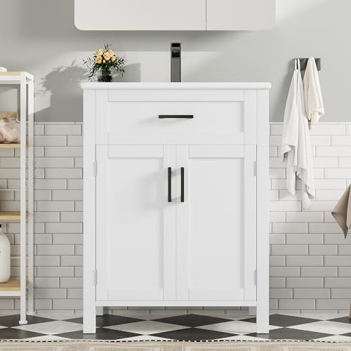 Mueble de baño de pie con lavabo, 60 x 46 x 84,8 cm, lavabo completamente lacado, estantes de doble puerta, cajones prácticos, estantes ajustables, lavabo de cerámica integrado (blanco)