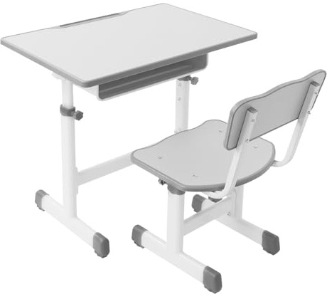 CHFUNE Kinderschreibtisch höhenverstellbar, Schülerschreibtisch Kinder Tisch Stuhl Set Schreibtisch mit Stuhl Schreibtisch Kinder ab 6 Jahren, Grau-weiß
