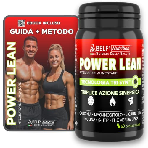 BELF1 Power Lean Brucia Grassi con Garcinia, Myo-inositolo, L-Carnitina, Inulina, Griffonia (5-HTP), Tè Verde Deca E Cromo, Formula TRI-SYN Sinergica Senza Caffeina, 60 Cps Con Ebook Guida
