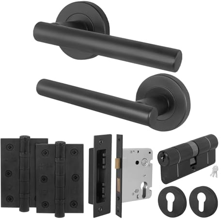 EAI Matt Black Door Handle Euro Lock Double Cylinder Kit - Oliena | Complete Kit with 1 Pair of T-Bar Door Handles, 78mm Euro Lock, Double Cylinder, Fixings Included