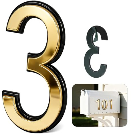 4 Inch Gold House Numbers for Outside, VONDERSO Self-Adhesive Mailbox Numbers with Exclusive Electroplated Finish and Durable ABS Base, for House Plaques, Mailbox, Yard, Garage – Plaque Number ‘3’