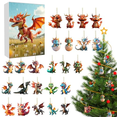 Dinosaurier Advent - 2D Acryl Weihnachtsbaum Dinosaurier Anhänger - Baumschmuck Festlich Urlaub Strumpffüller für Kamin Schlafzimmer Zuhause Wohnheim Büro Rucksack Wohnzimmer