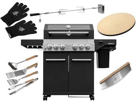 FEUERGOTT Gas-Grillstation Hektor 4B-S Pizza-Set mit Abdeckhaube, Drehspieß, Pizzastein, Pizzaschneider, Grillzubehör, 3 Hauptbrenner, Infrarotbrenner, Heckbrenner, Seitenkocher