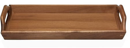 Vassoio da Portata in Legno di Acacia 42,5 x 18,2 cm, Vassoio Rettangolare Stretto con Manici, per Caffè, Colazione, Aperitivo, Snack, Cucina, Soggiorno e Svuotatasche