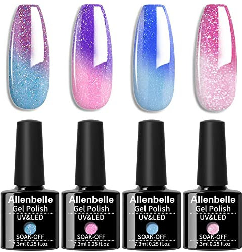 Allenbelle UV Nagellack Thermo Set 4 Farben Mit Geschenkbox,Gel Nagellack Farbwechsel Shellac Set Uv Gel Nail Art,Soak Off Uv Thermo Nagellac 025